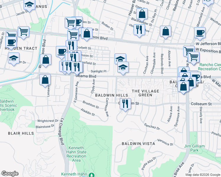 map of restaurants, bars, coffee shops, grocery stores, and more near 3652 Carmona Avenue in Los Angeles