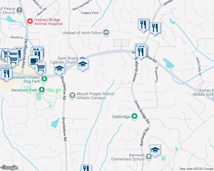 map of restaurants, bars, coffee shops, grocery stores, and more near 675 South Preston Court in Alpharetta
