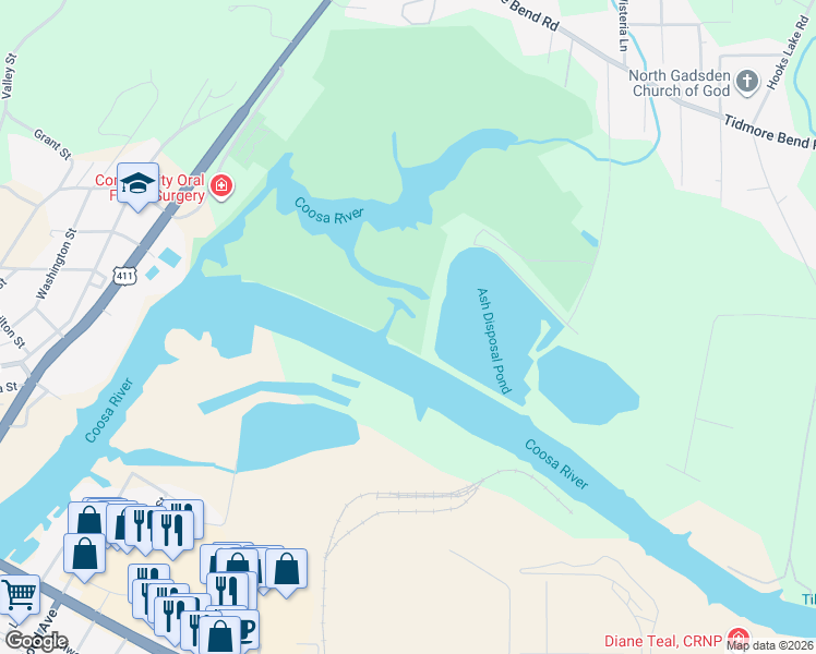 map of restaurants, bars, coffee shops, grocery stores, and more near 901 Riverbend Drive in Gadsden