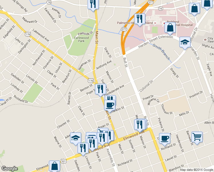 map of restaurants, bars, coffee shops, grocery stores, and more near 1300 Summerville Avenue in Columbia