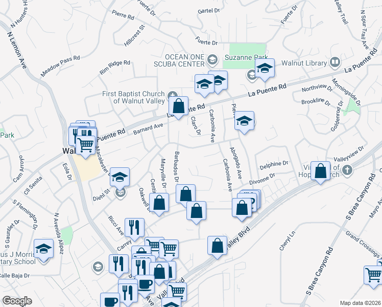 map of restaurants, bars, coffee shops, grocery stores, and more near 20603 Evant Drive in Walnut
