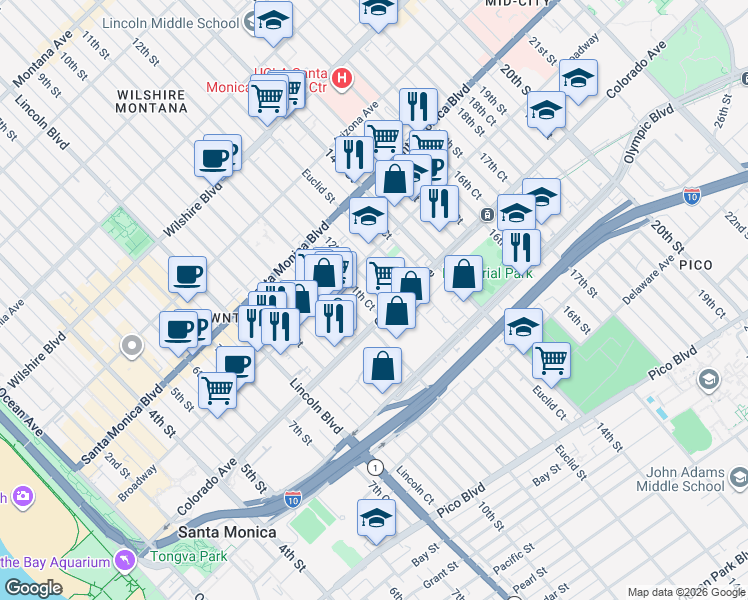 map of restaurants, bars, coffee shops, grocery stores, and more near 1544 12th Street in Santa Monica