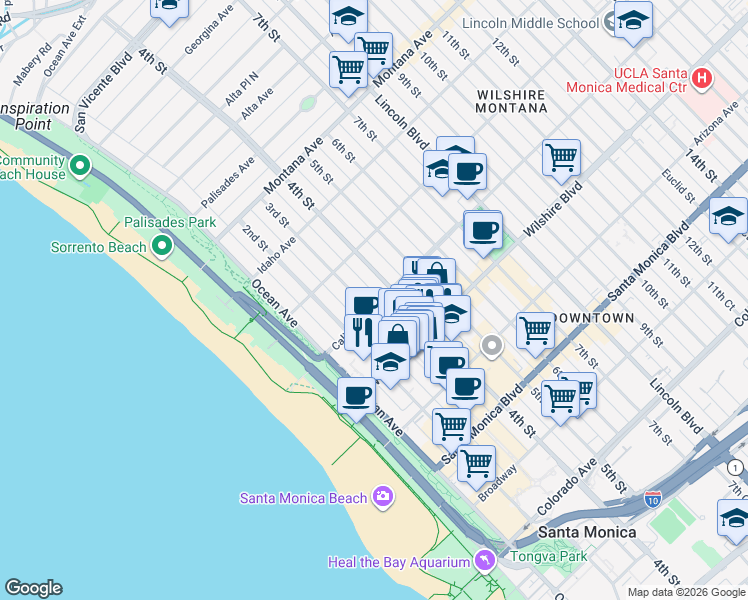 map of restaurants, bars, coffee shops, grocery stores, and more near 303 California Avenue in Santa Monica