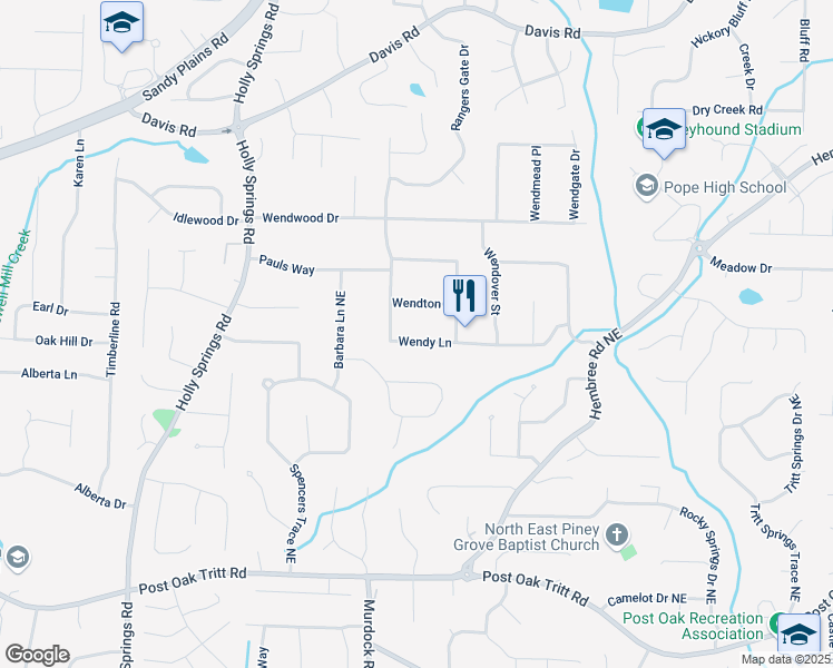 map of restaurants, bars, coffee shops, grocery stores, and more near 2840 Wendy Lane in Marietta