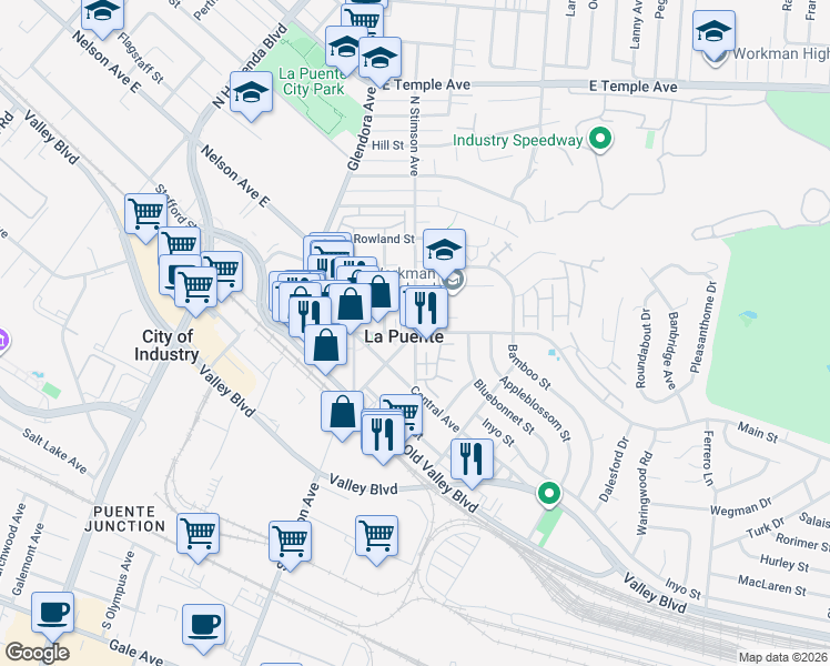 map of restaurants, bars, coffee shops, grocery stores, and more near 2 North Stimson Avenue in La Puente