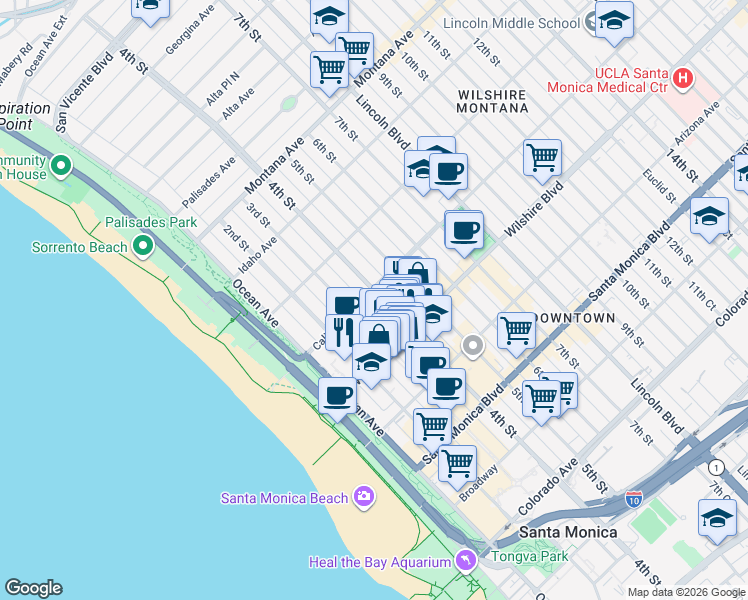 map of restaurants, bars, coffee shops, grocery stores, and more near 330 California Avenue in Santa Monica