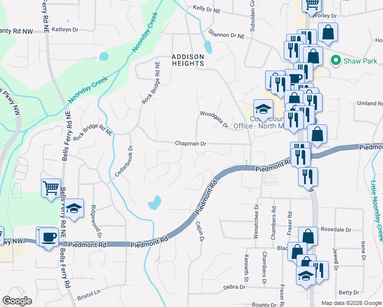 map of restaurants, bars, coffee shops, grocery stores, and more near 2790 Parliament Court in Marietta