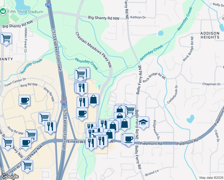 map of restaurants, bars, coffee shops, grocery stores, and more near 2701 Prado Lane in Marietta