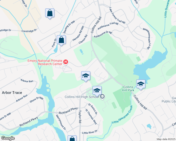 map of restaurants, bars, coffee shops, grocery stores, and more near 140 Prestwyck Oak Place in Lawrenceville