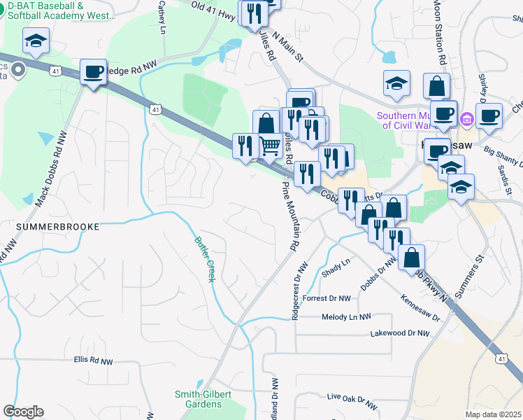 map of restaurants, bars, coffee shops, grocery stores, and more near 2656 Laurel Lane Northwest in Kennesaw