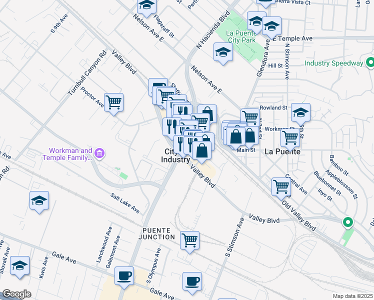 map of restaurants, bars, coffee shops, grocery stores, and more near 15701 Valley Boulevard in La Puente