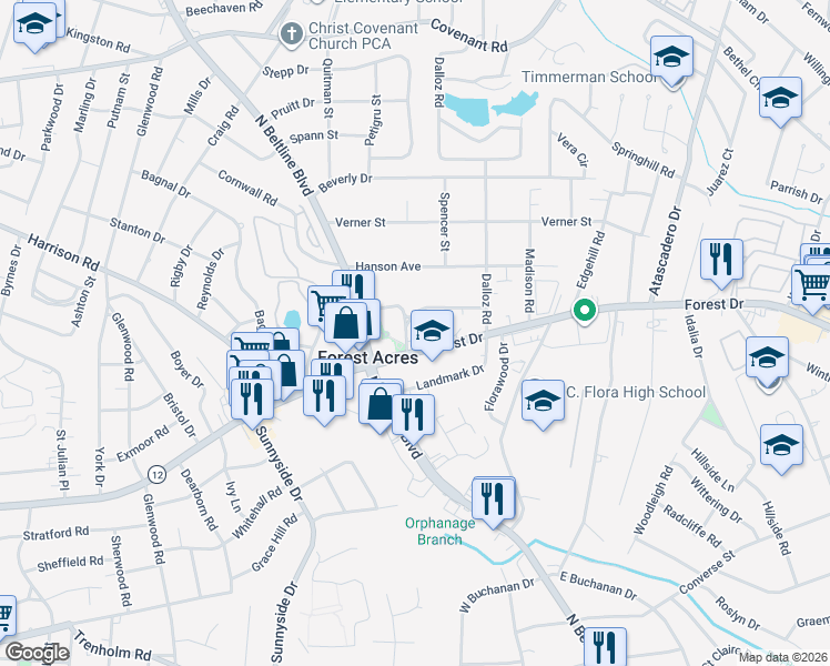 map of restaurants, bars, coffee shops, grocery stores, and more near 117 Walden Court in Columbia