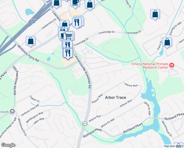 map of restaurants, bars, coffee shops, grocery stores, and more near 2651 Peregrine Court in Suwanee