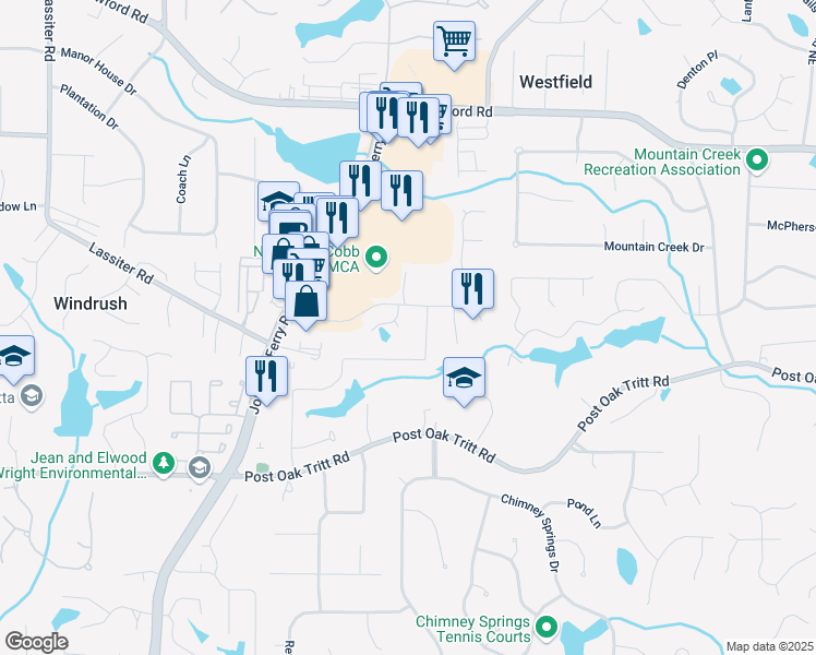 map of restaurants, bars, coffee shops, grocery stores, and more near 2990 Byrons Green Court Northeast in Marietta