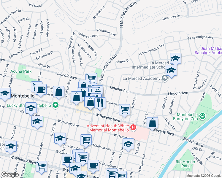 map of restaurants, bars, coffee shops, grocery stores, and more near 605 West Lincoln Avenue in Montebello