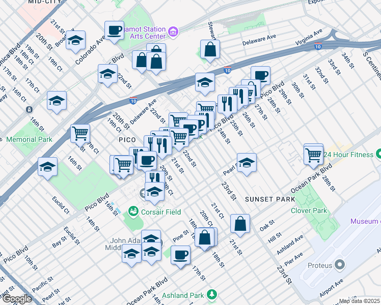 map of restaurants, bars, coffee shops, grocery stores, and more near 2137 22nd Street in Santa Monica