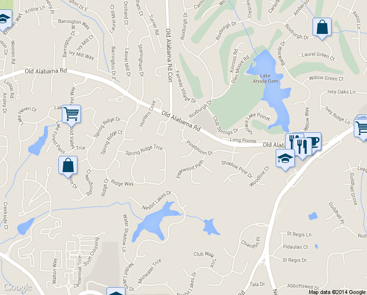 map of restaurants, bars, coffee shops, grocery stores, and more near 215 Plymwood Court in Roswell
