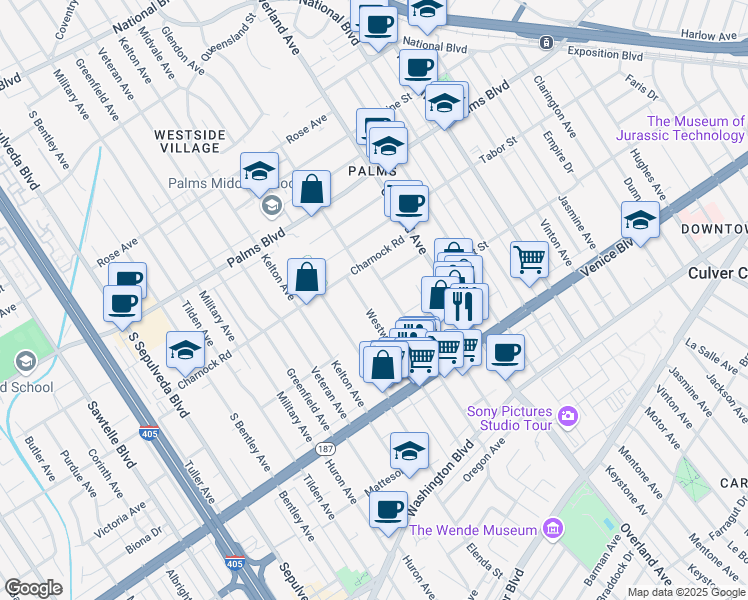 map of restaurants, bars, coffee shops, grocery stores, and more near 3648 Westwood Boulevard in Los Angeles