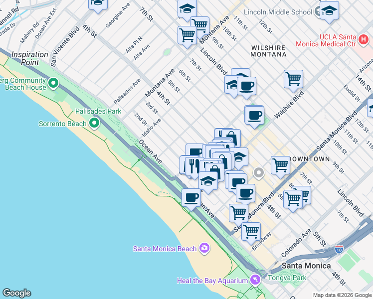 map of restaurants, bars, coffee shops, grocery stores, and more near 1032 3rd Street in Santa Monica