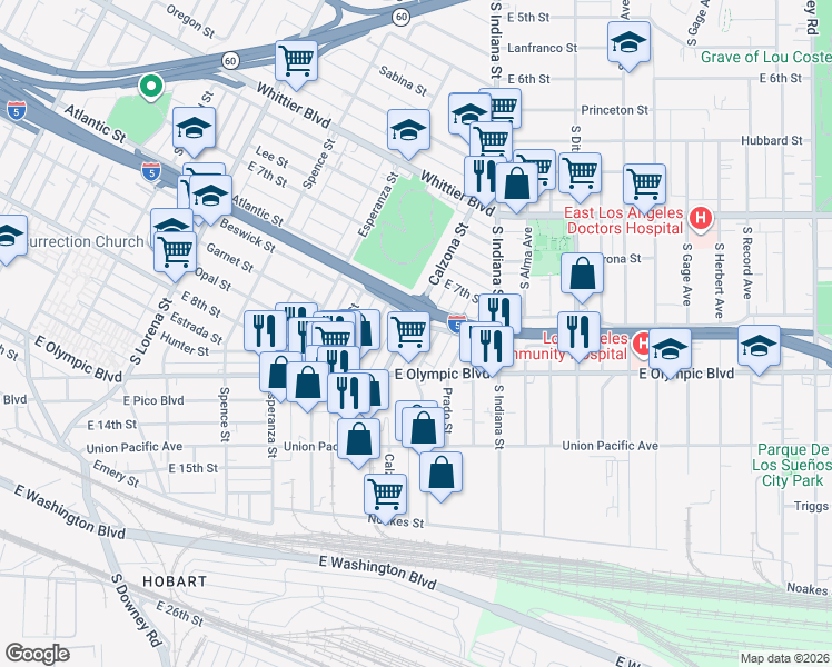 map of restaurants, bars, coffee shops, grocery stores, and more near 1122 Calzona Street in Los Angeles