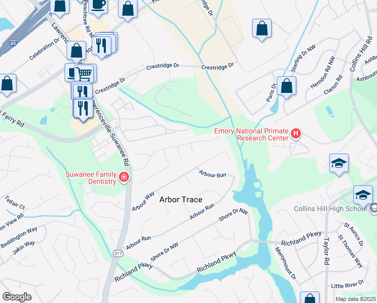 map of restaurants, bars, coffee shops, grocery stores, and more near 2598 Falcon Nest Ct in Suwanee