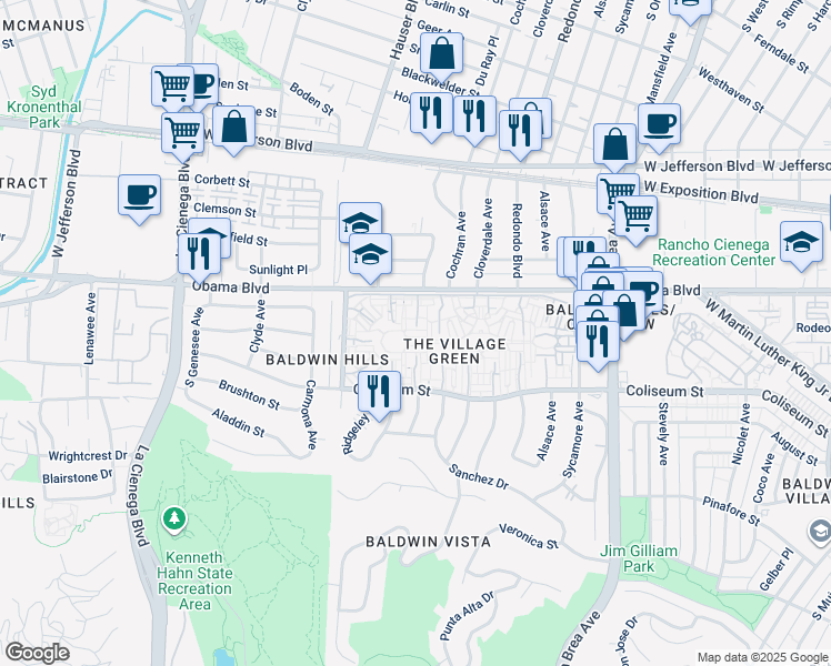 map of restaurants, bars, coffee shops, grocery stores, and more near 5421 1/2 Village Green in Los Angeles
