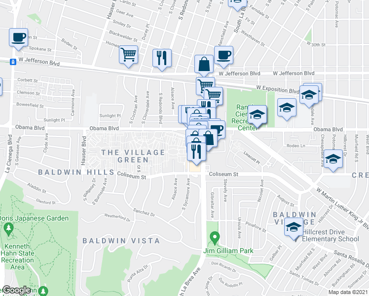 map of restaurants, bars, coffee shops, grocery stores, and more near 5119 Village Green in Los Angeles