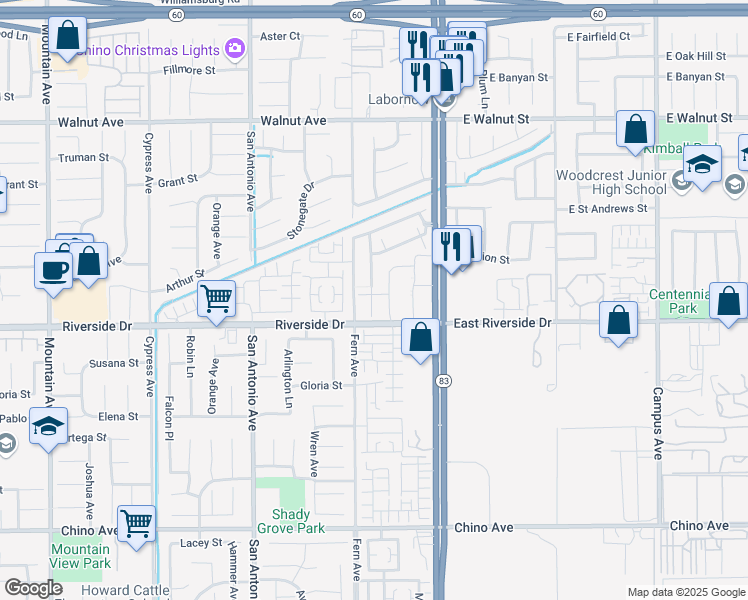 map of restaurants, bars, coffee shops, grocery stores, and more near 2940 South Via Belamaria in Ontario