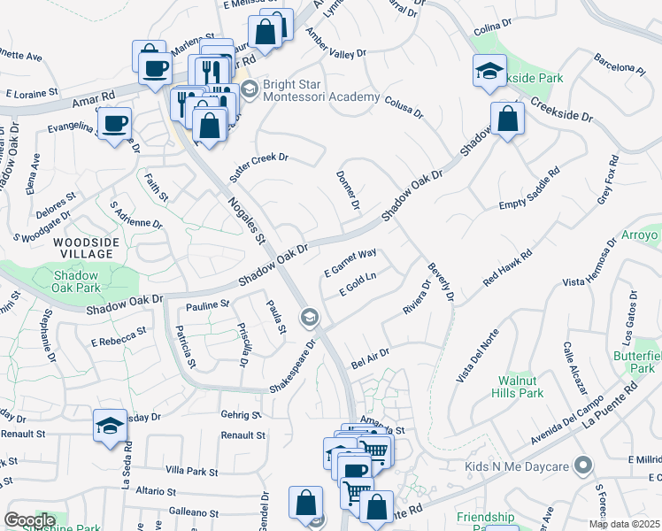 map of restaurants, bars, coffee shops, grocery stores, and more near 19019 East Garnet Way in Walnut