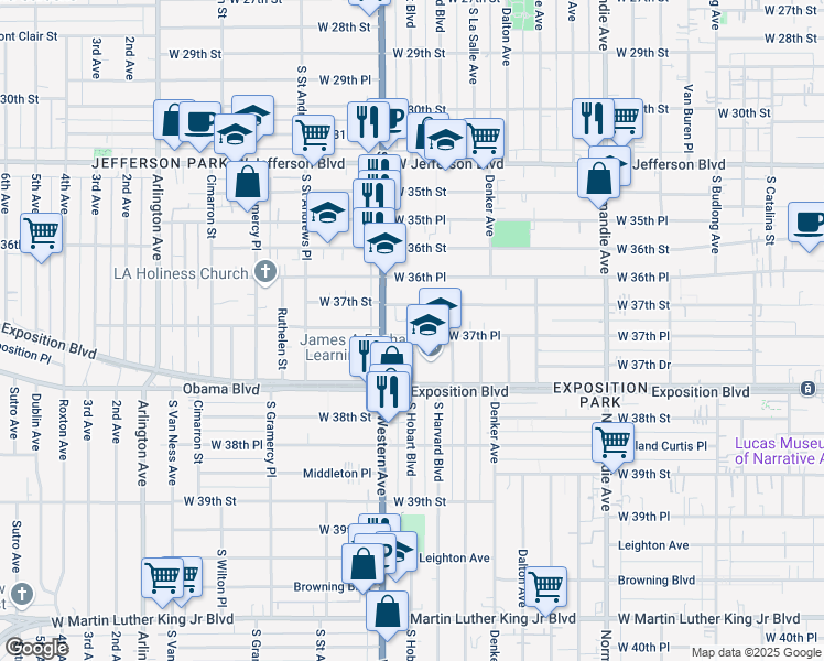 map of restaurants, bars, coffee shops, grocery stores, and more near 1653 West 37th Place in Los Angeles