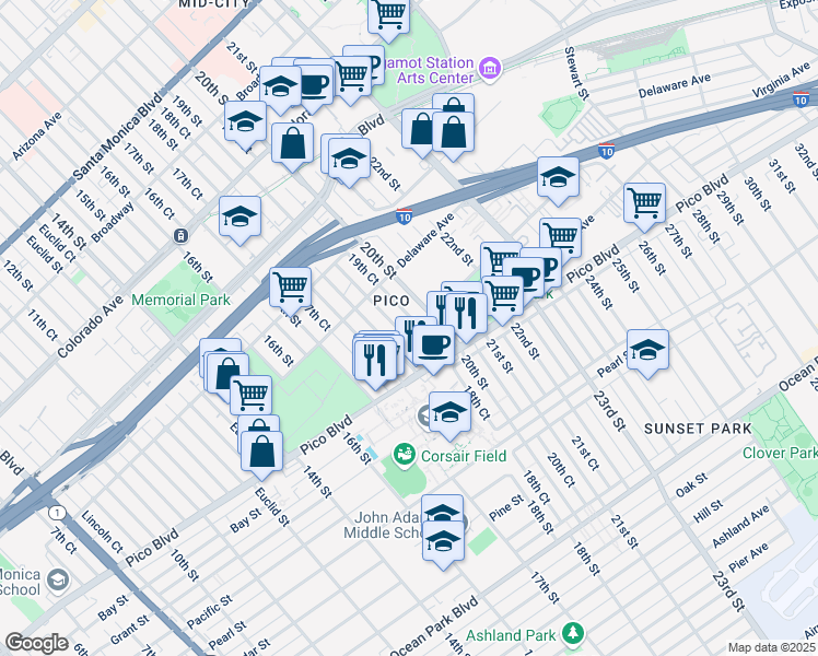 map of restaurants, bars, coffee shops, grocery stores, and more near 1957 19th Street in Santa Monica