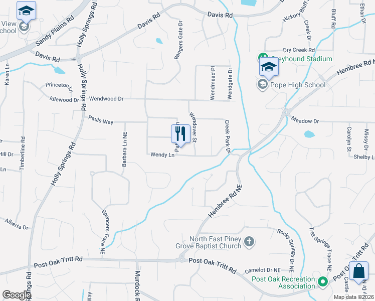 map of restaurants, bars, coffee shops, grocery stores, and more near 2770 Wendy Ln in Marietta