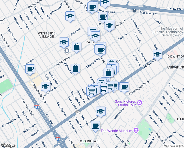 map of restaurants, bars, coffee shops, grocery stores, and more near 3648 Westwood Boulevard in Los Angeles