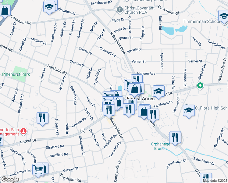 map of restaurants, bars, coffee shops, grocery stores, and more near 3258 Bagnal Drive in Columbia