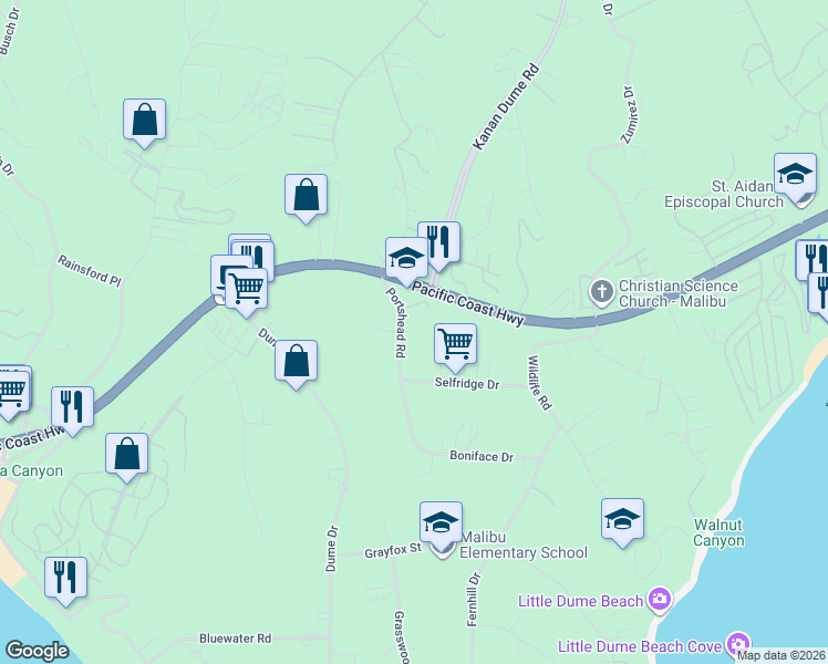 map of restaurants, bars, coffee shops, grocery stores, and more near 6608 Portshead Road in Malibu