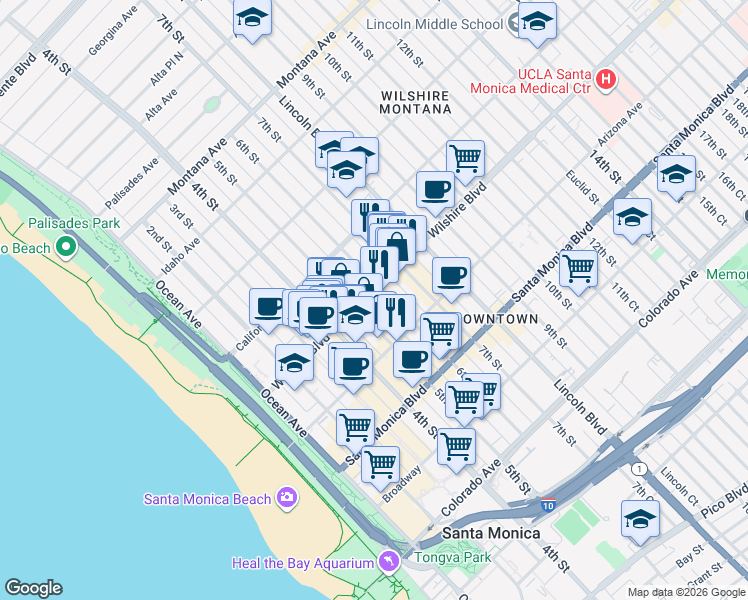 map of restaurants, bars, coffee shops, grocery stores, and more near 522 Wilshire Boulevard in Santa Monica