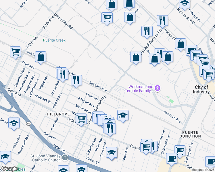 map of restaurants, bars, coffee shops, grocery stores, and more near 15149 Salt Lake Avenue in La Puente