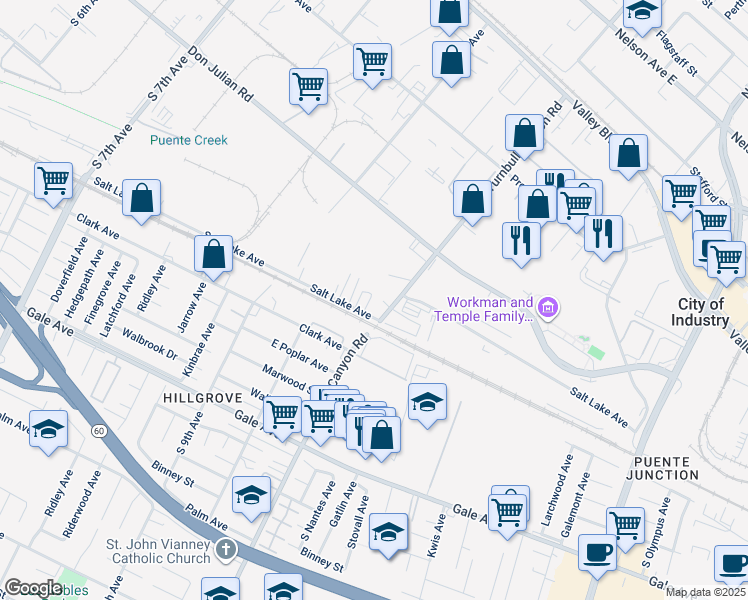 map of restaurants, bars, coffee shops, grocery stores, and more near 15149 Salt Lake Avenue in La Puente