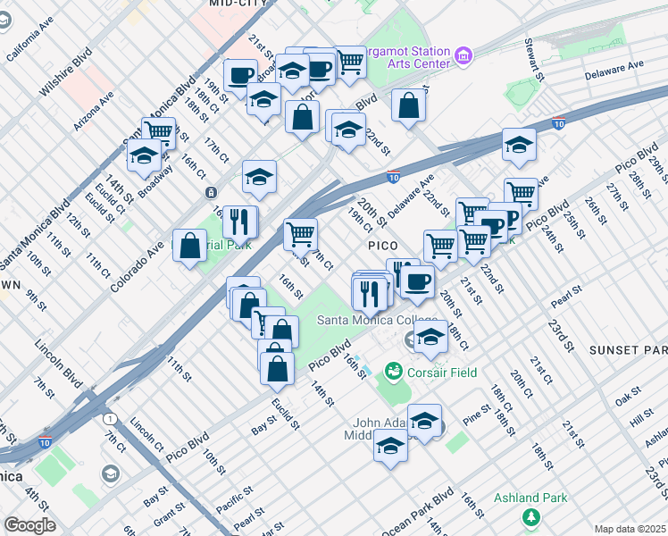 map of restaurants, bars, coffee shops, grocery stores, and more near 1123 17th Court in Santa Monica