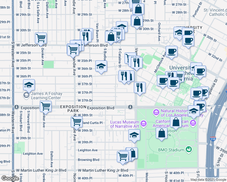 map of restaurants, bars, coffee shops, grocery stores, and more near 1205 West 37th Place in Los Angeles