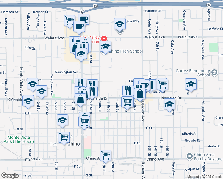 map of restaurants, bars, coffee shops, grocery stores, and more near 12836 12th Street in Chino