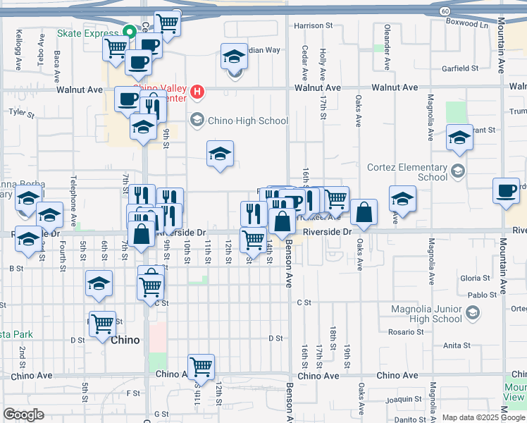 map of restaurants, bars, coffee shops, grocery stores, and more near 5640 Riverside Drive in Chino