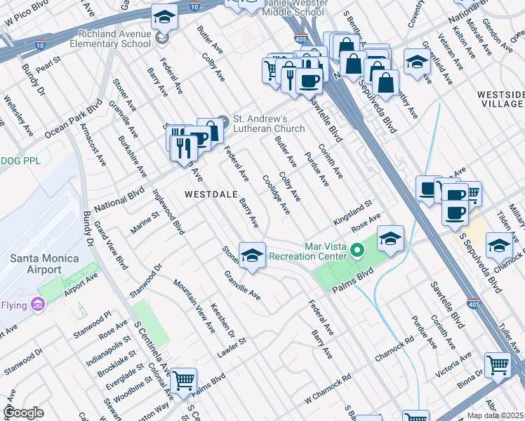 map of restaurants, bars, coffee shops, grocery stores, and more near 3215 Federal Avenue in Los Angeles