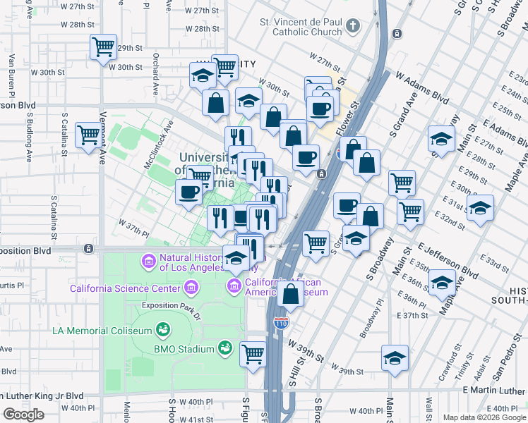 map of restaurants, bars, coffee shops, grocery stores, and more near 3500 South Figueroa Street in Los Angeles