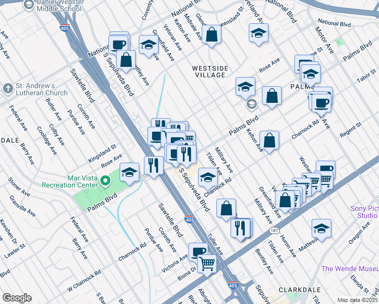 map of restaurants, bars, coffee shops, grocery stores, and more near 3475 South Bentley Avenue in Los Angeles