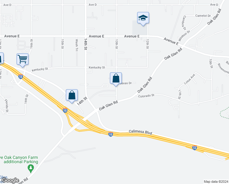 map of restaurants, bars, coffee shops, grocery stores, and more near 12858 13th Street in Yucaipa