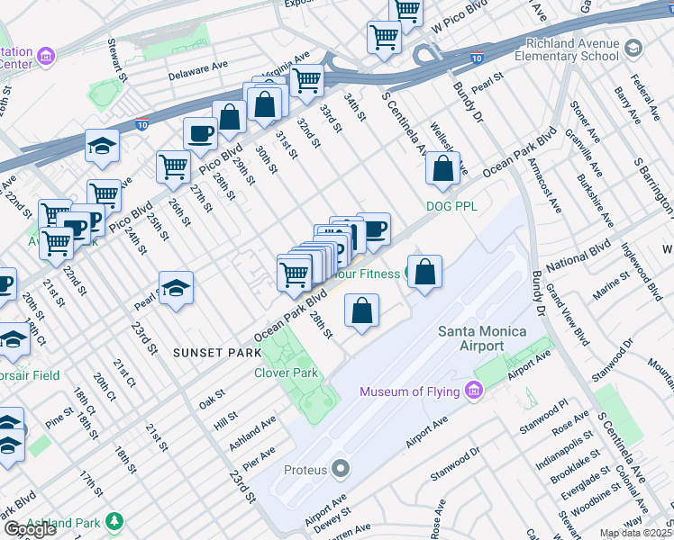 map of restaurants, bars, coffee shops, grocery stores, and more near 2901 Ocean Park Boulevard in Santa Monica