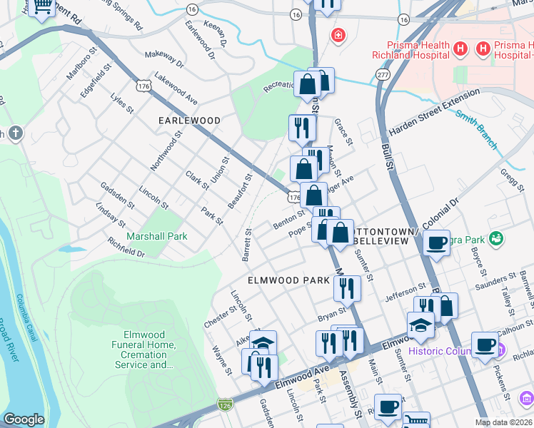 map of restaurants, bars, coffee shops, grocery stores, and more near 1020 Cedar Street in Columbia