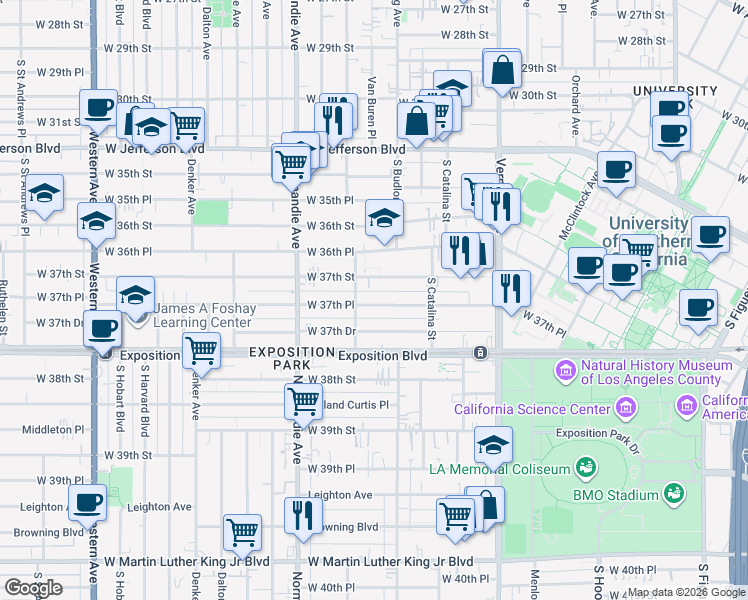 map of restaurants, bars, coffee shops, grocery stores, and more near 1283 West 37th Place in Los Angeles