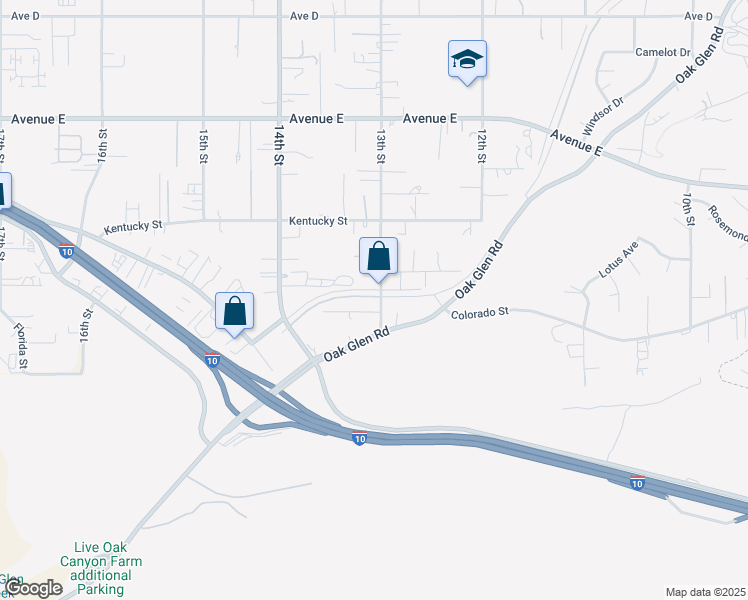map of restaurants, bars, coffee shops, grocery stores, and more near 12858 13th Street in Yucaipa